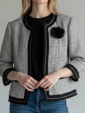 Like new PETER NYGARD Woven Tweed Jacket Floral Brooch Black and White Size 12